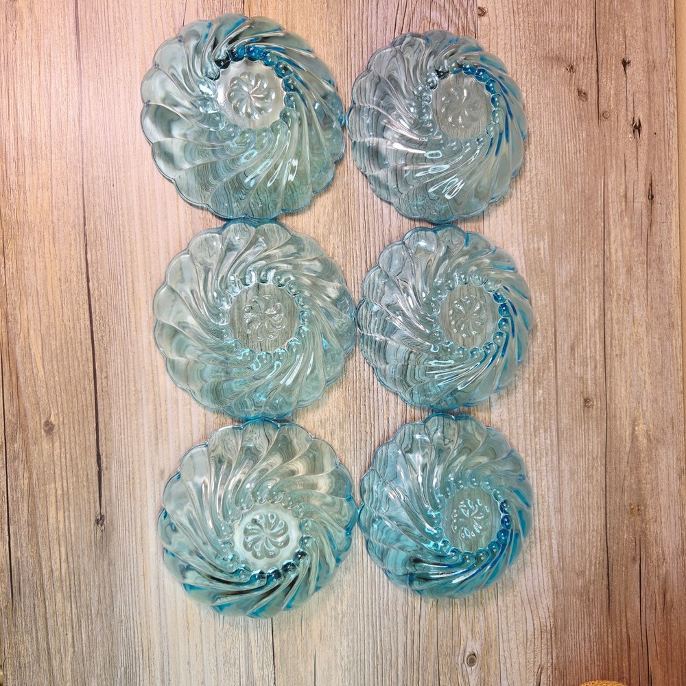 Vintage Hazel Atlas Capri Aqua Blue Swirl 5" Berry Dessert Bowls Set of 6 - Picture 3 of 6